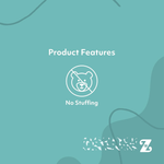 Teal background with 'Product Features' text and a bear icon labeled 'No Stuffing'.