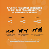 Dog chew toy size chart with descriptions on an orange background