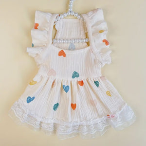 White Dress with Colorful Hearts Lace Trim