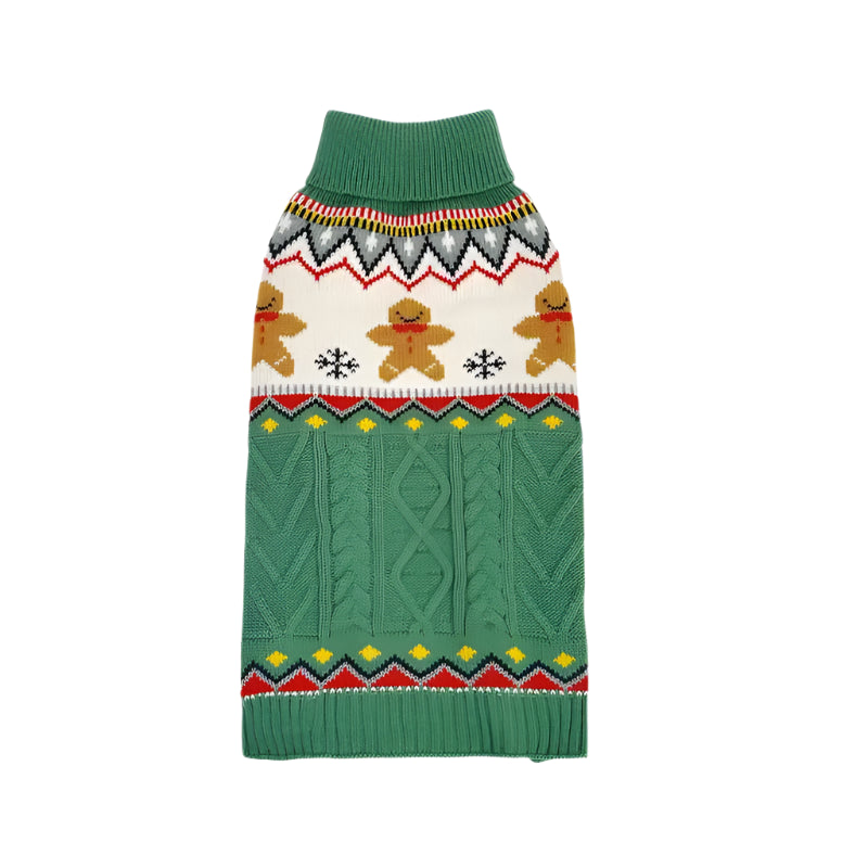 Green dog sweater with gingerbread design on a white background