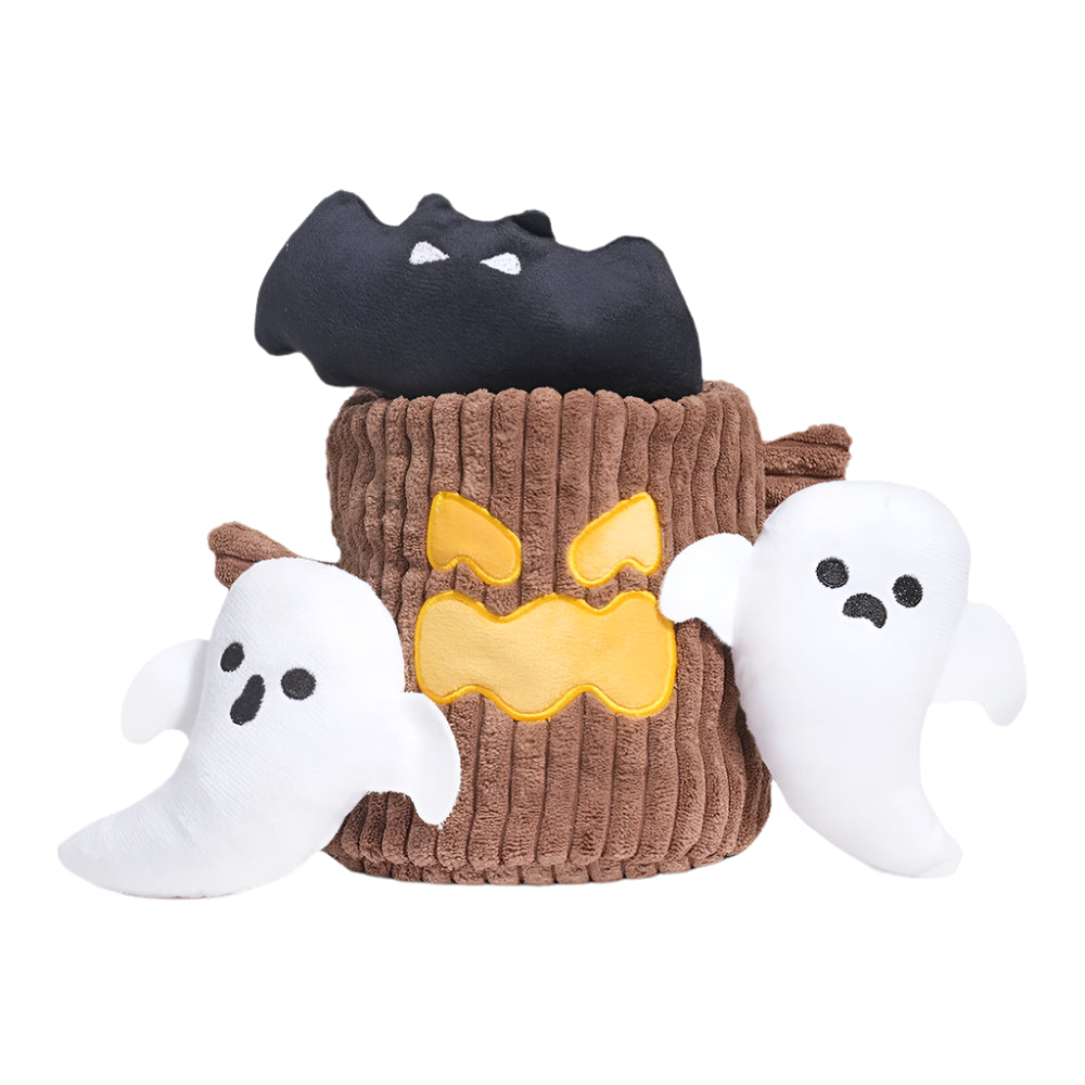 Halloween-themed plush toys including a bat, candy corn, and ghosts on a white background