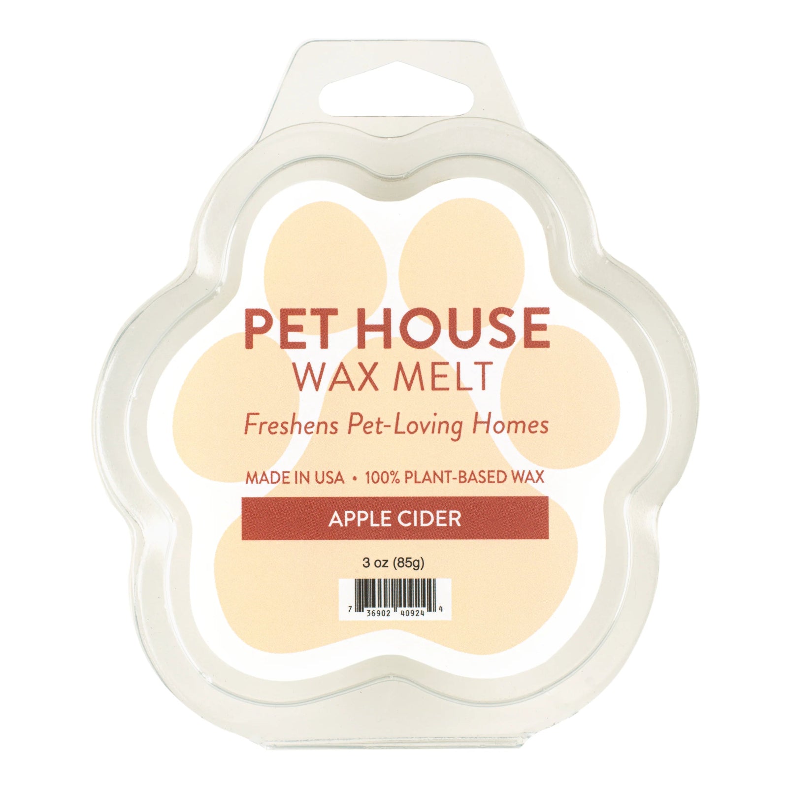 Pet House Wax Melt packaging with paw shape and 'Apple Cider' flavor on a white background