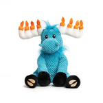 Blue plush toy with orange antlers on a white background