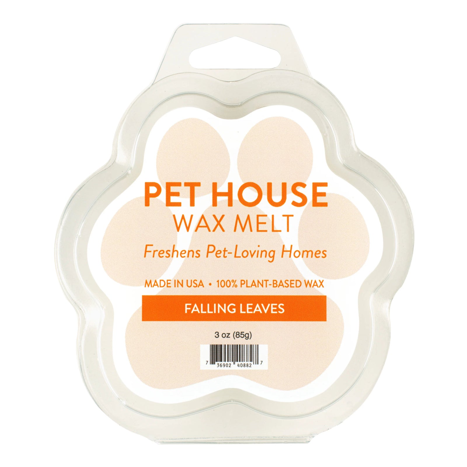 Pet House Wax Melt packaging with paw shape and 'Falling Leaves' scent on a white background