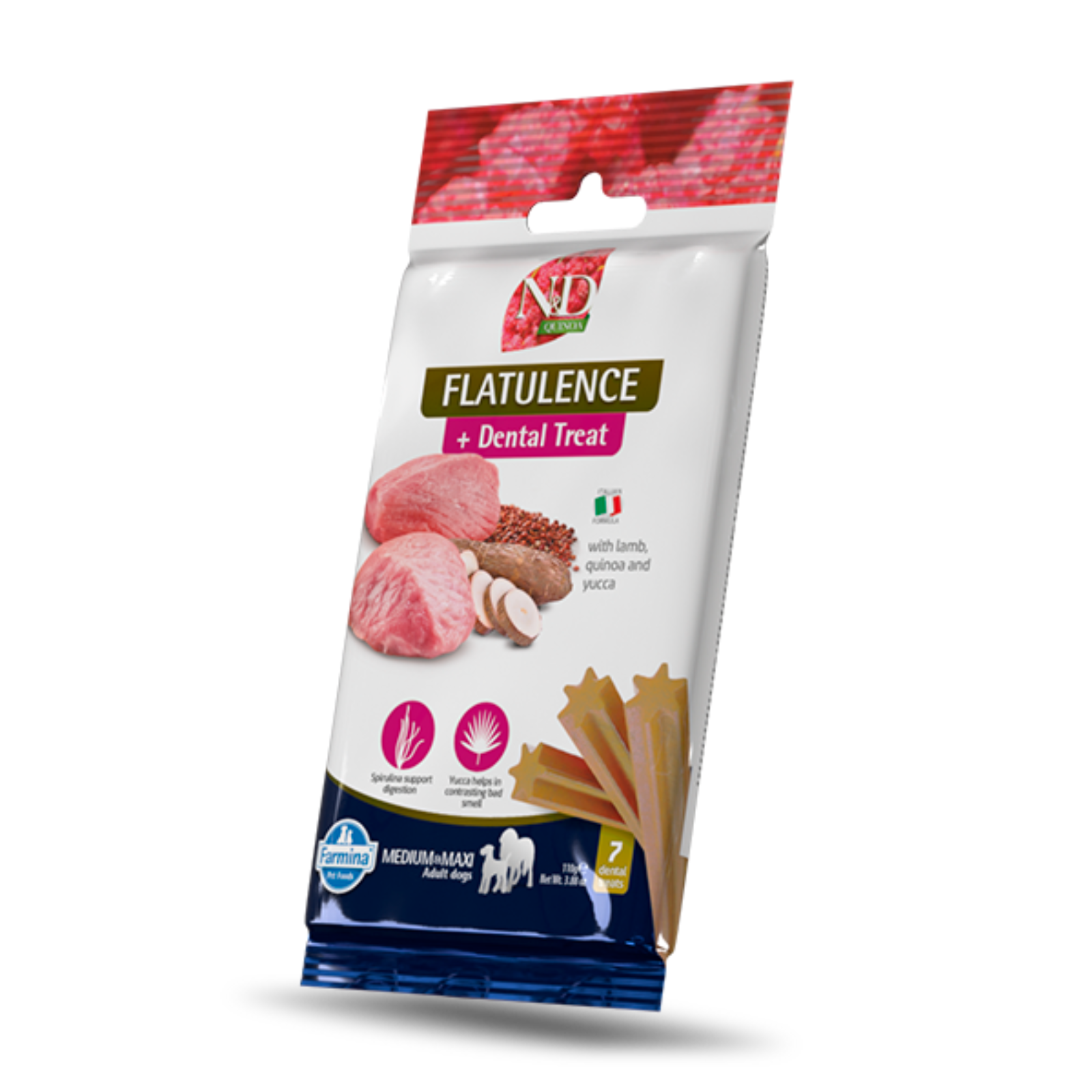 Dog treat package for flatulence and dental care on a white background
