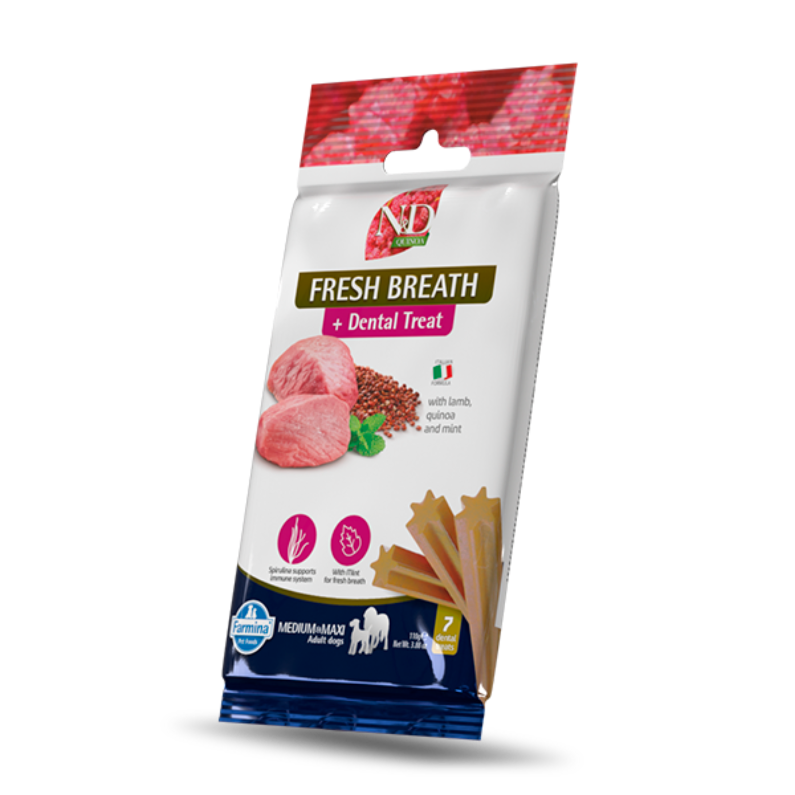 Package of N&D Fresh Breath + Dental Treats for dogs on a white background