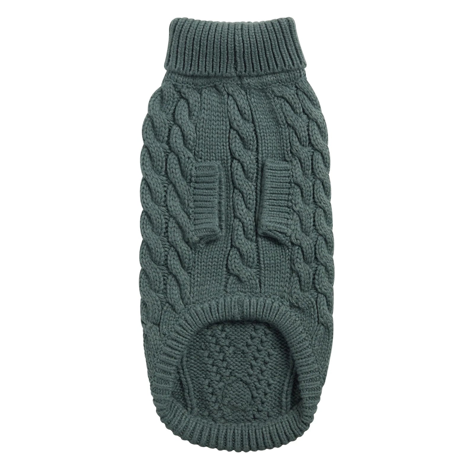 Green knitted dog sweater on a white background