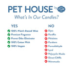 Chart detailing the ingredients in Pet House candles, with 'YES' and 'NO' options.