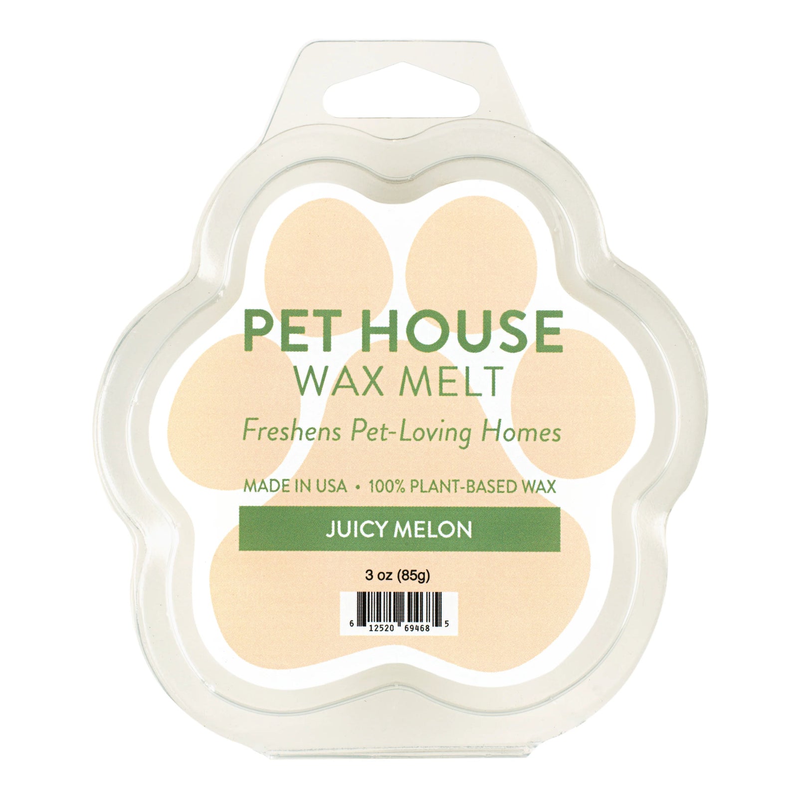 Pet House Wax Melt packaging with 'Juicy Melon' scent on a white background