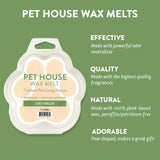 Pet house wax melts packaging with product details on a green background