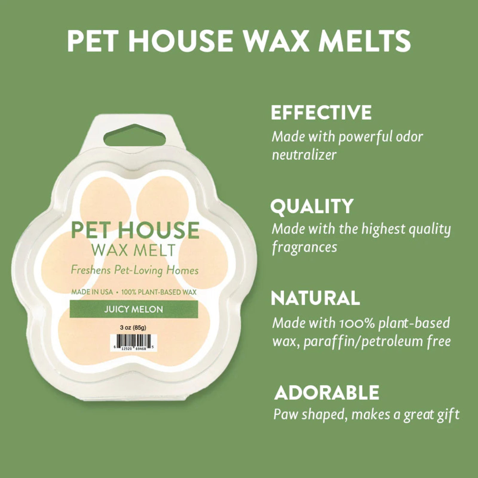 Pet house wax melts packaging with product details on a green background