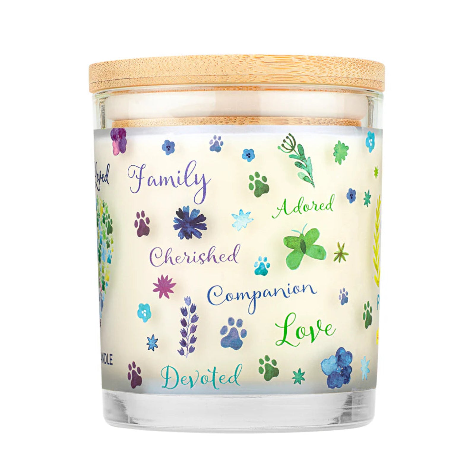 Candle with decorative text and designs on a white background