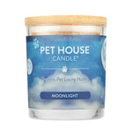 Pet House Candle with blue label and wooden lid on a white background
