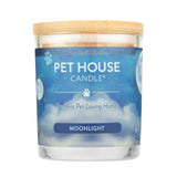 Pet House Candle with blue label and wooden lid on a white background