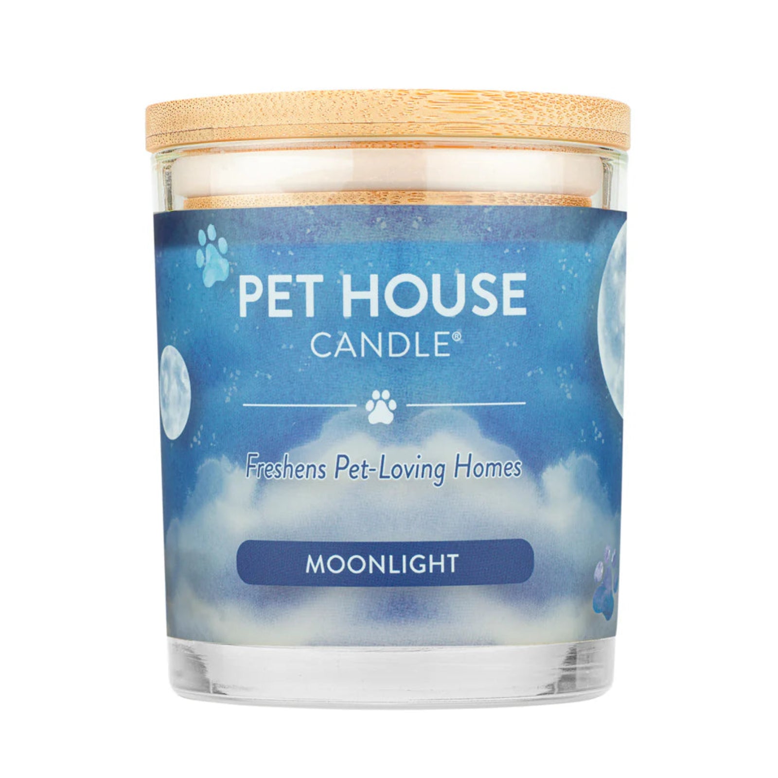 Pet House Candle with blue label and wooden lid on a white background