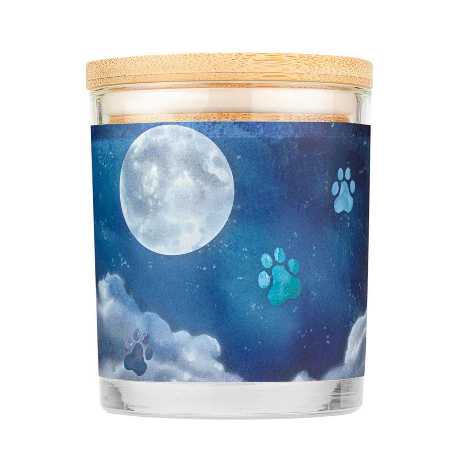 Candle with a moon and paw print design on a blue label
