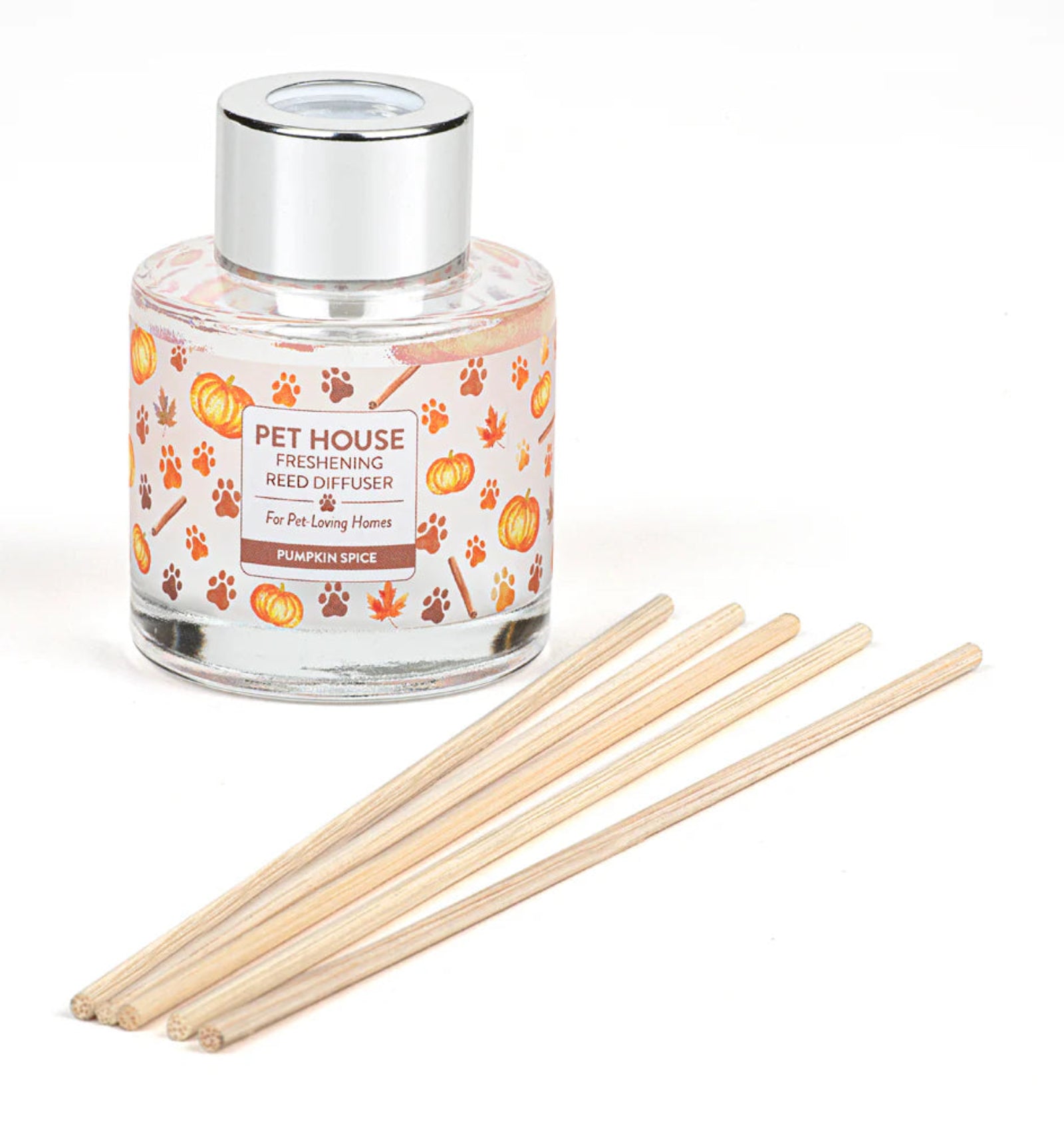 Pet House reed diffuser with wooden sticks on a white background