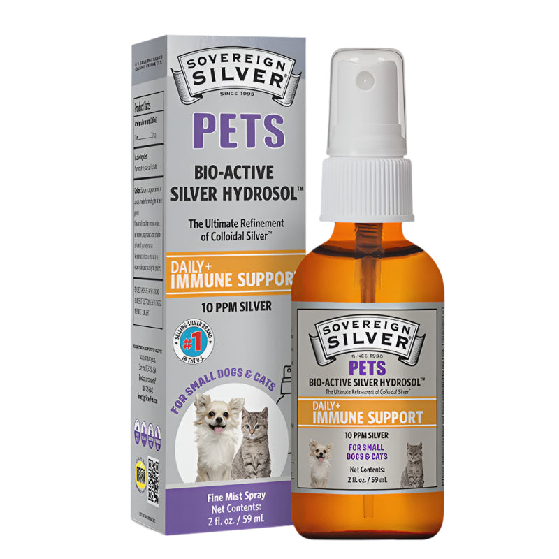 Sovereign Silver Pets Bio-Active Silver Hydrosol bottle and packaging on a white background