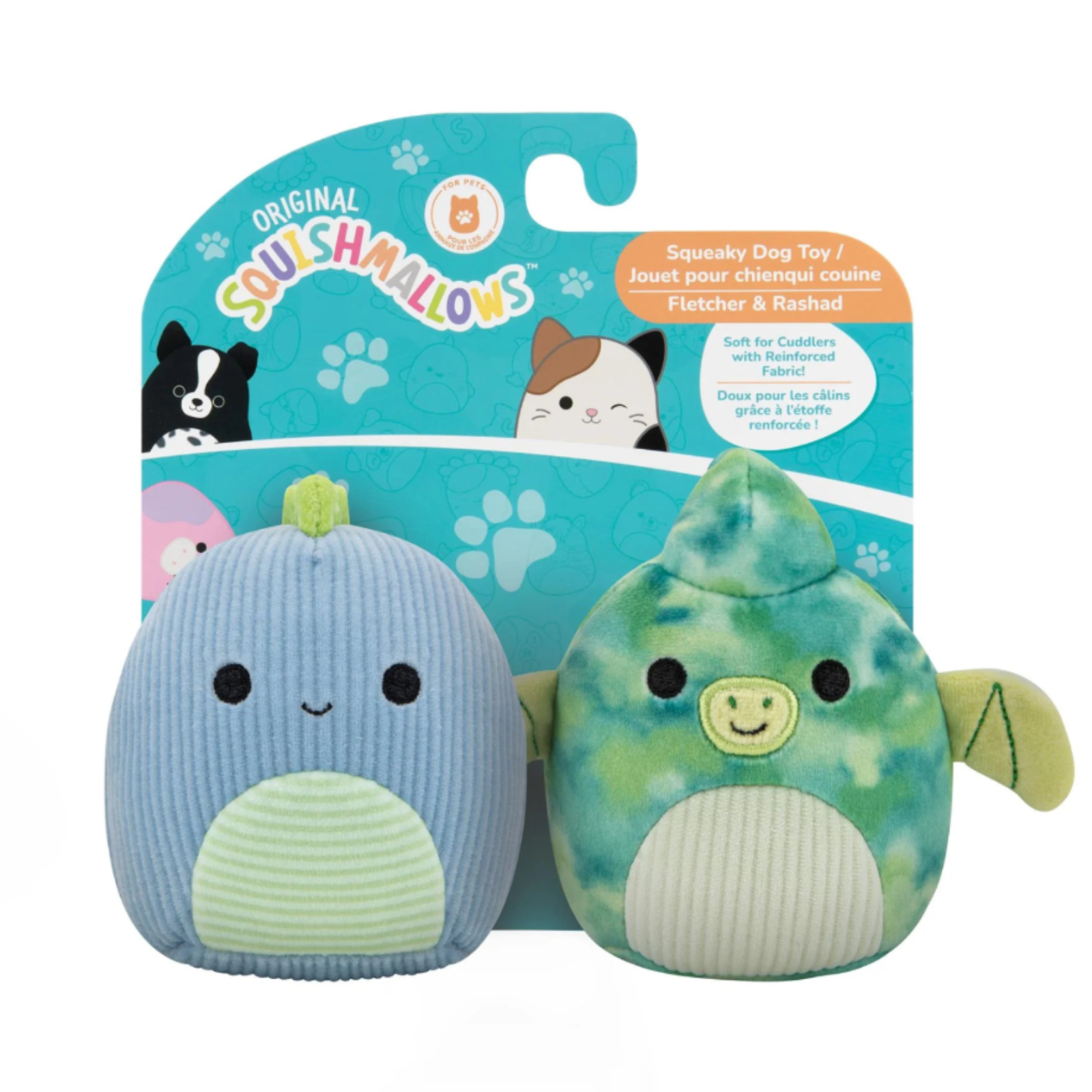 Two Squishmallows plush toys in packaging with a blue and green design.