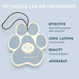 Pet house car air freshener with paw design and brand name on a light blue background