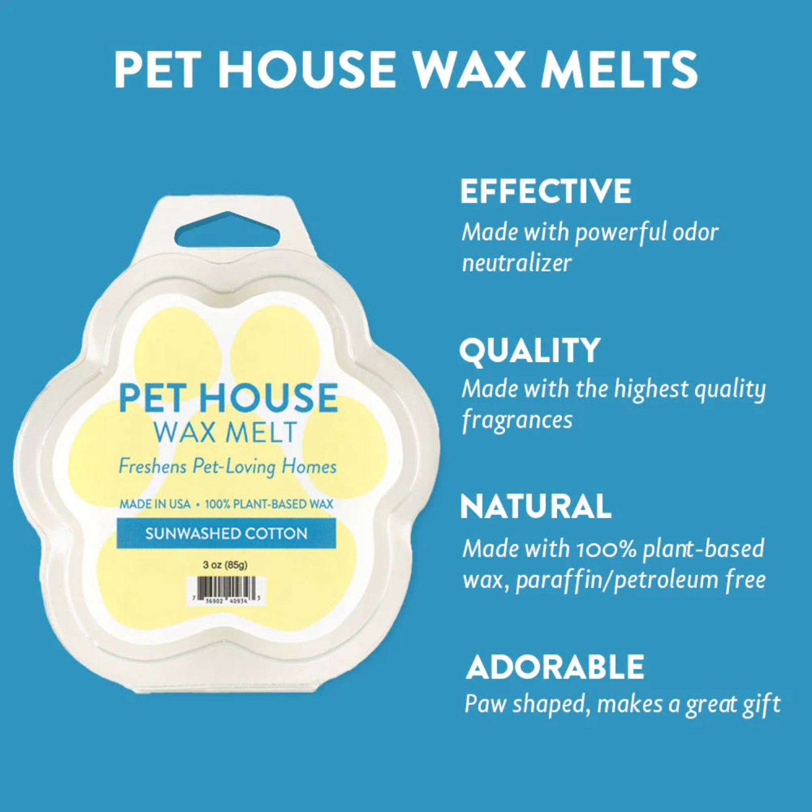 Pet house wax melts packaging with product details on a blue background