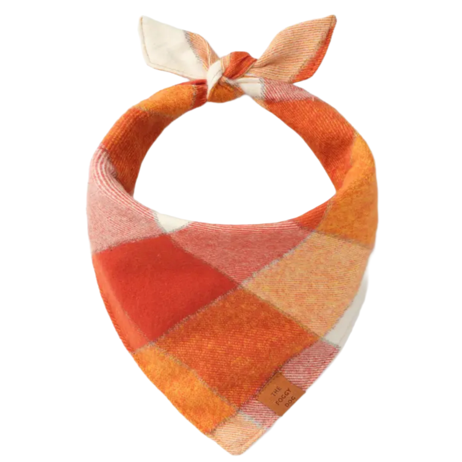 Plaid bandana with orange, red, and beige colors on a white background