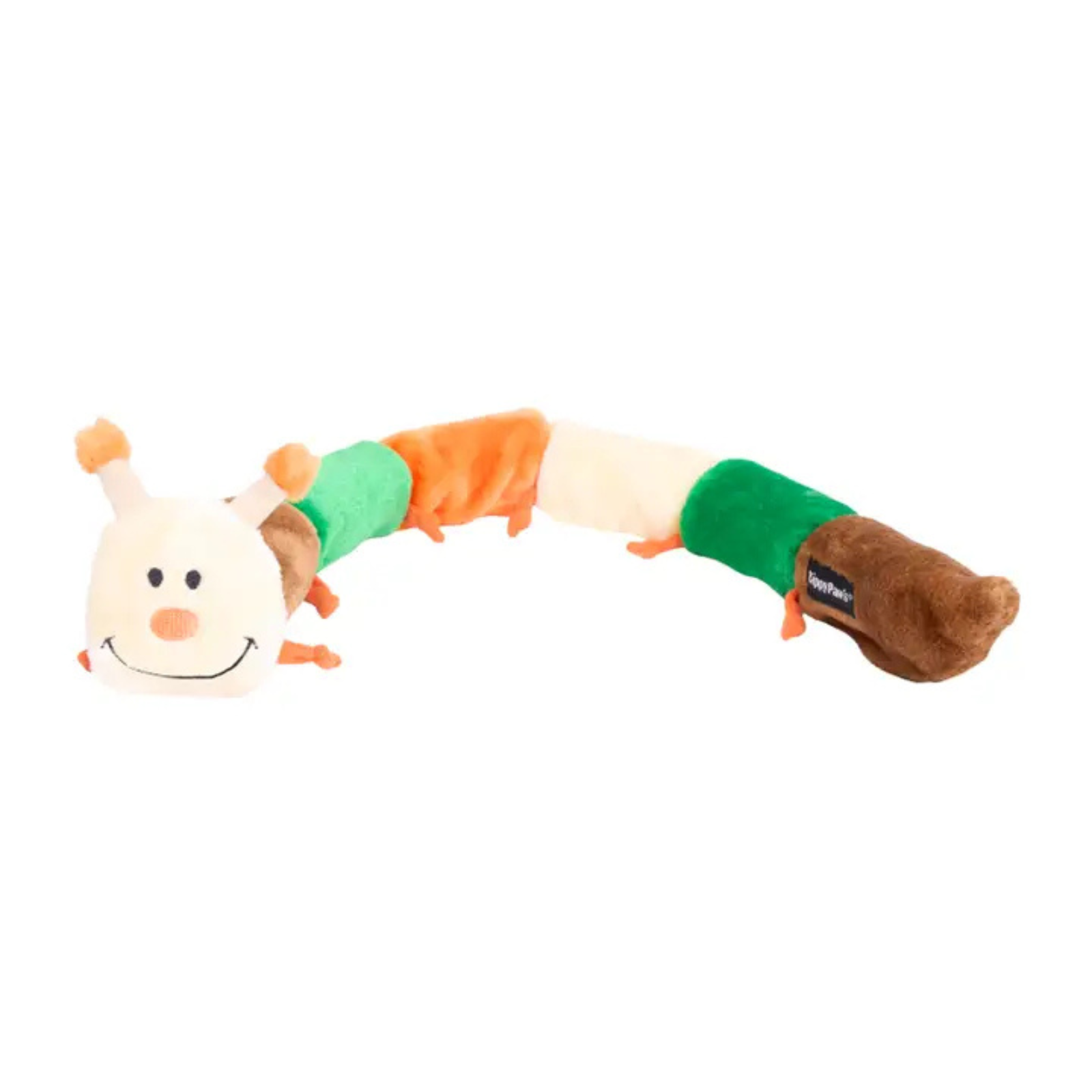 Plush caterpillar toy with a smiling face on a white background