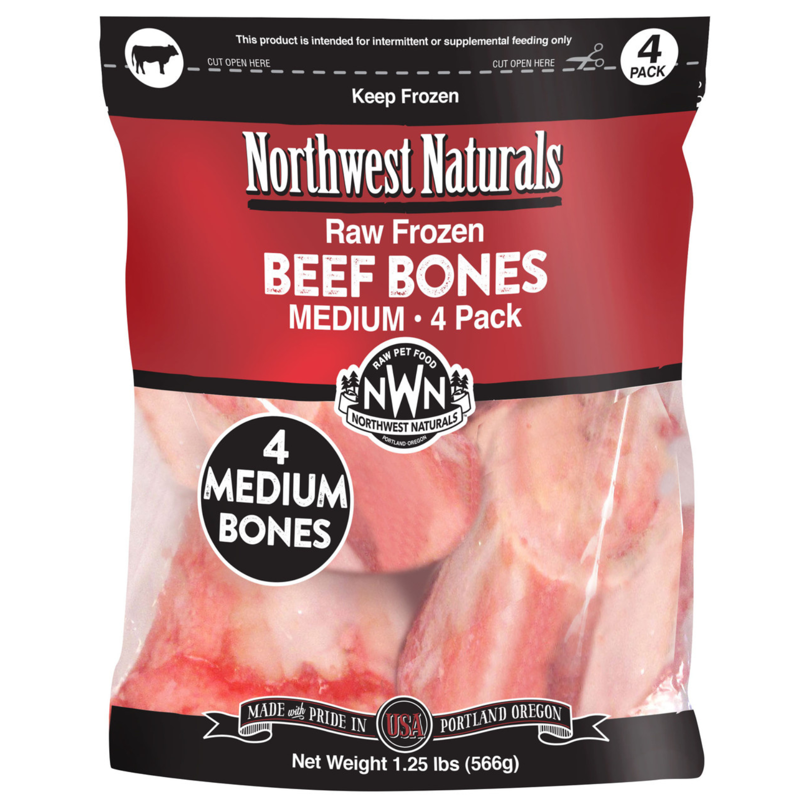 Package of Northwest Naturals Raw Frozen Beef Bones for pets, showing beef bones inside.