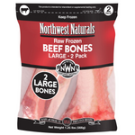 Package of Northwest Naturals Raw Frozen Beef Bones for pets, showing two large bones inside.