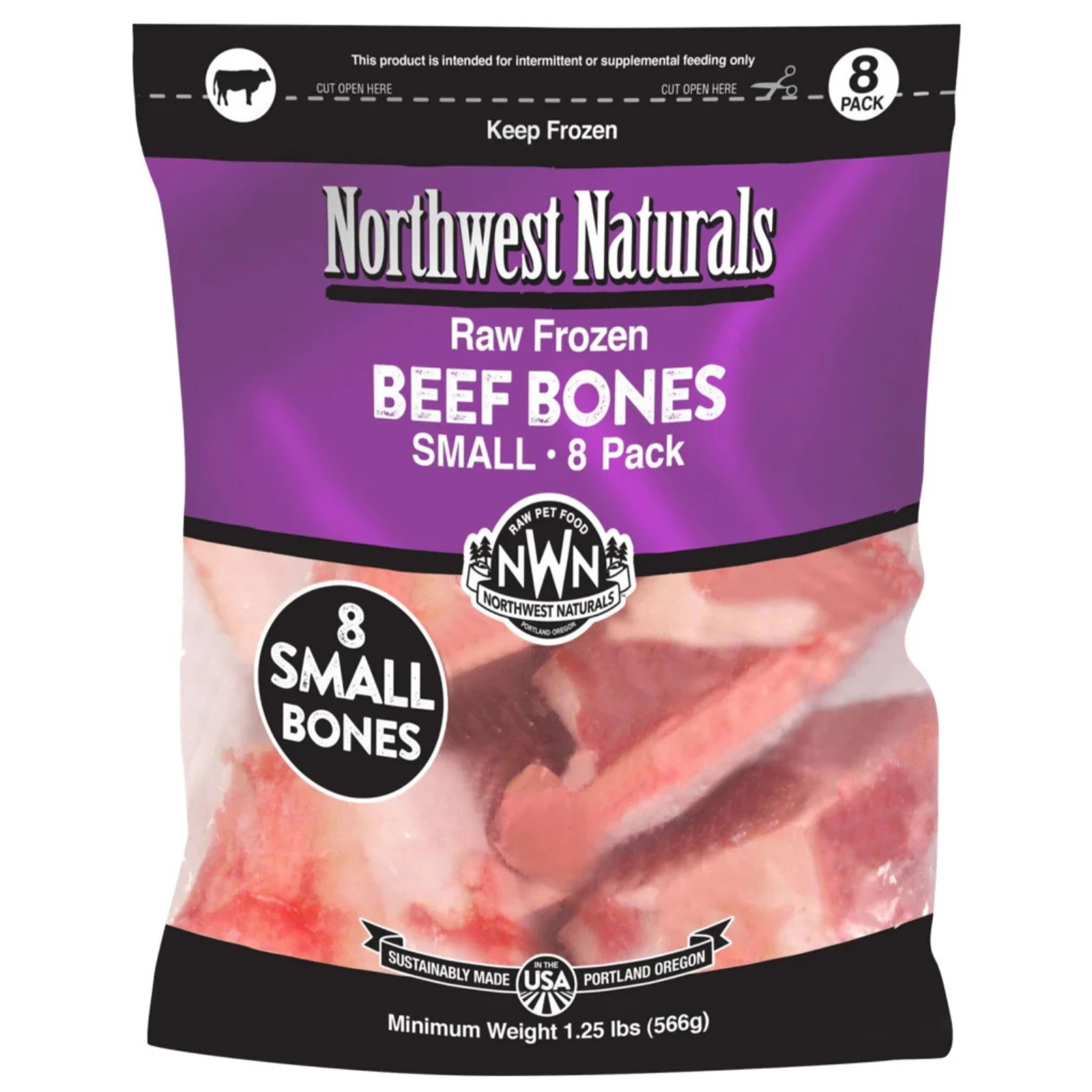 Package of Northwest Naturals Raw Frozen Beef Bones for small pets, displayed on a white background.