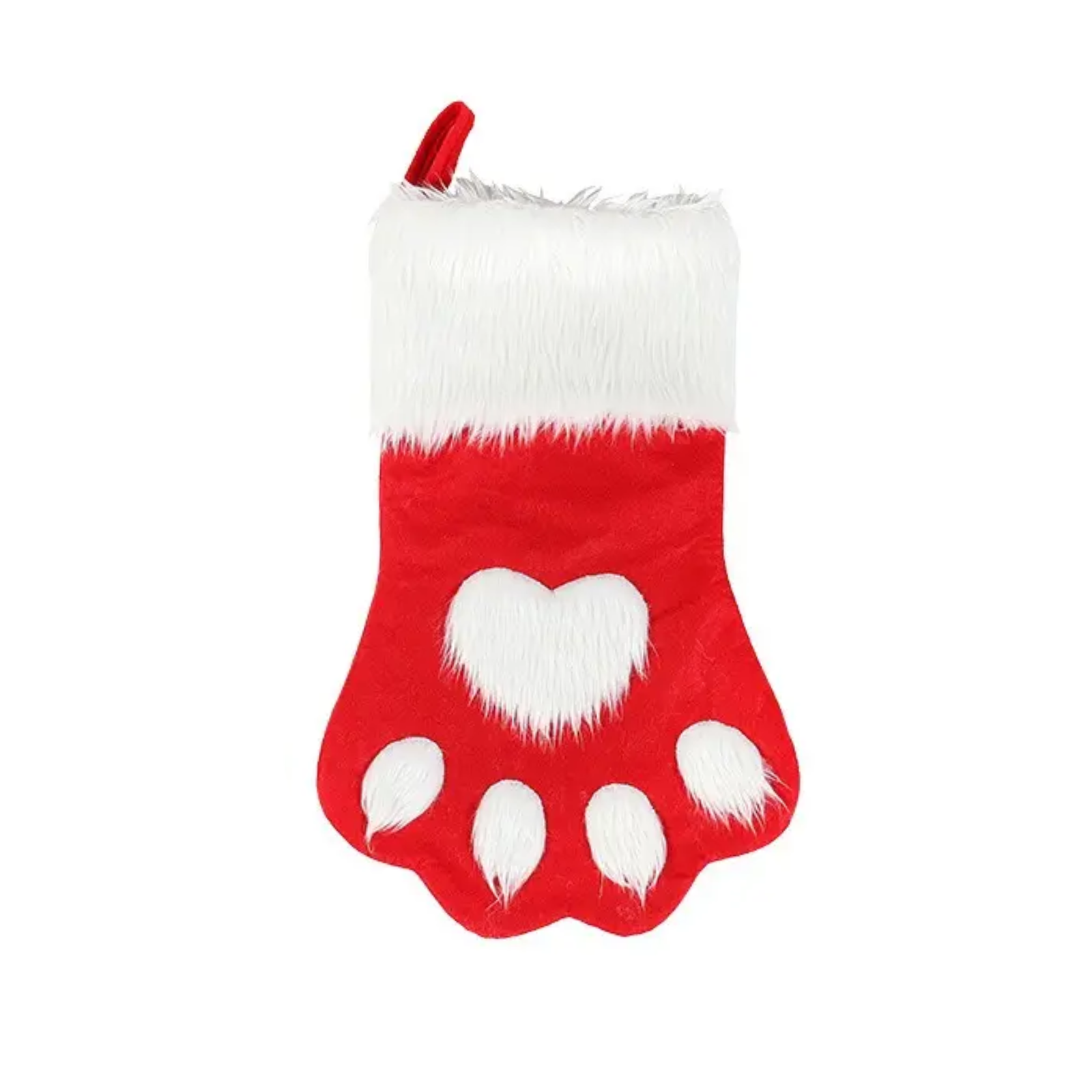 Red and white Christmas stocking with paw print design on a white background