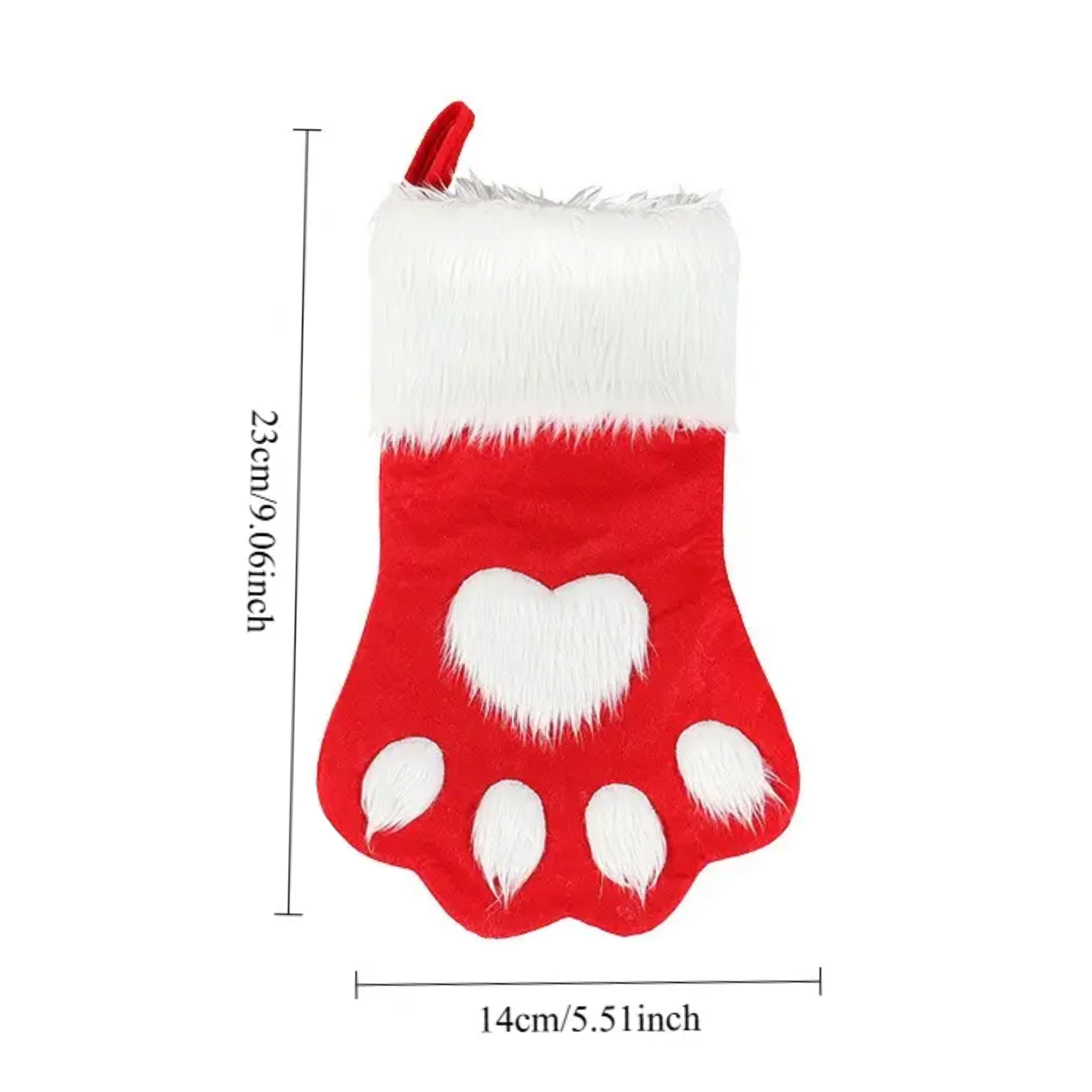 Red and white Christmas stocking with paw print design and measurements on a white background