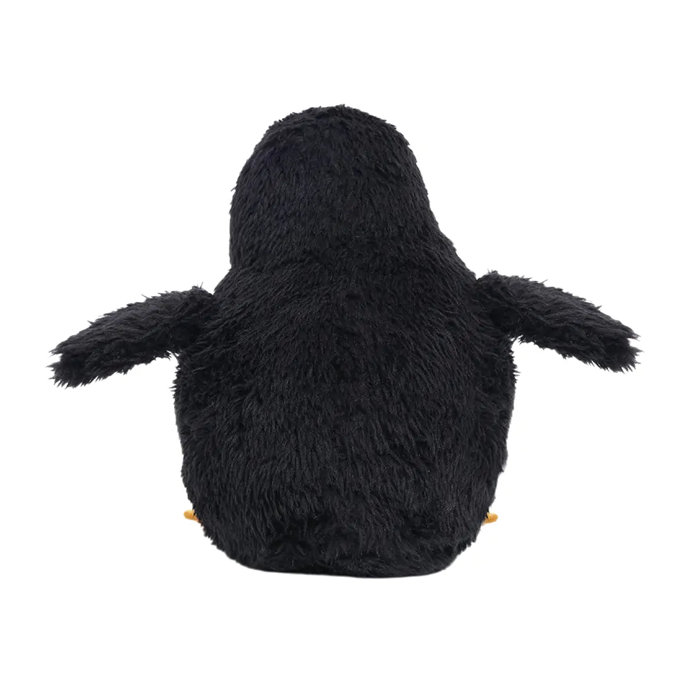 Black plush penguin toy on a white background