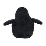 Black plush penguin toy on a white background