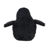 Black plush penguin toy on a white background