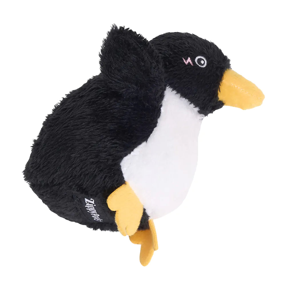 Plush penguin toy with black, white, and yellow colors on a white background