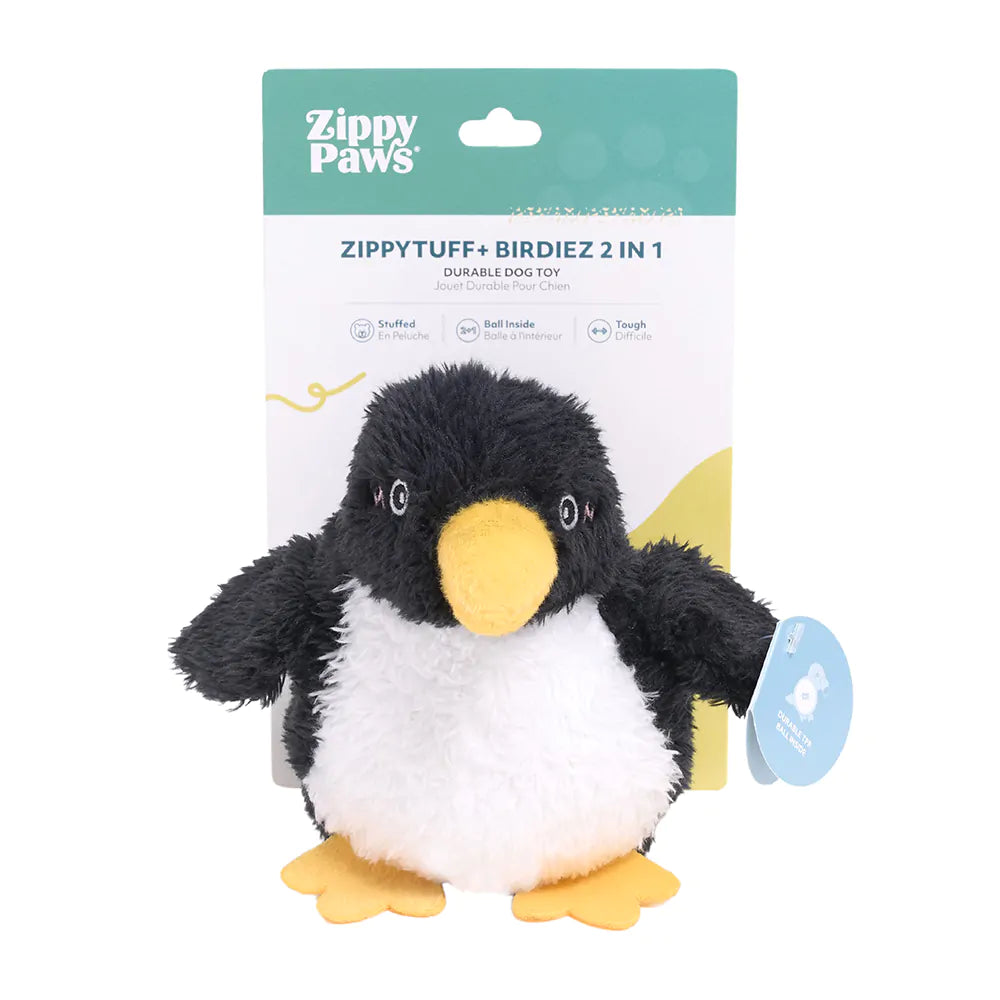 Plush penguin toy with Zippy Paws packaging on a white background