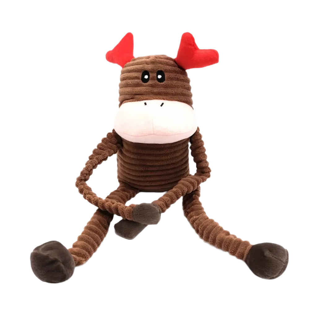 Brown plush monkey toy with red horns on a white background