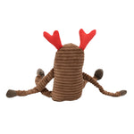 Brown plush reindeer toy with red antlers on a white background