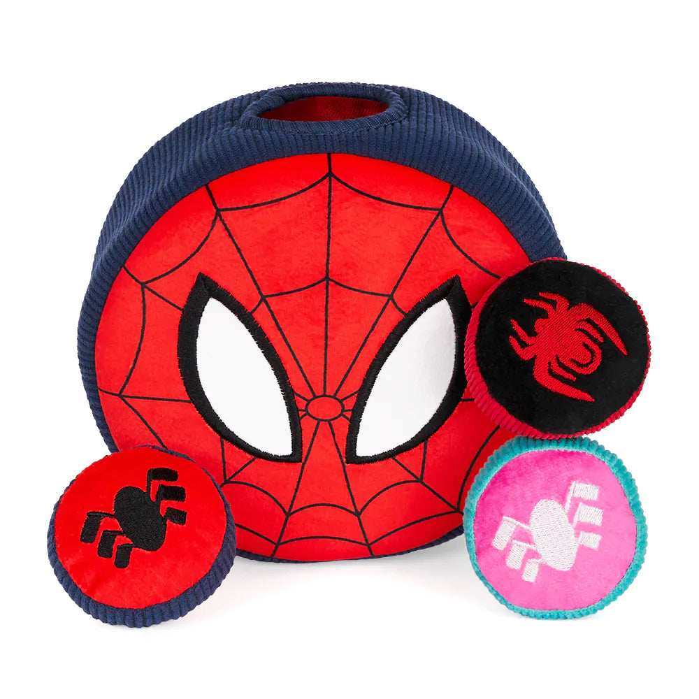 Spider-Man themed pet toys with red and blue design on a white background