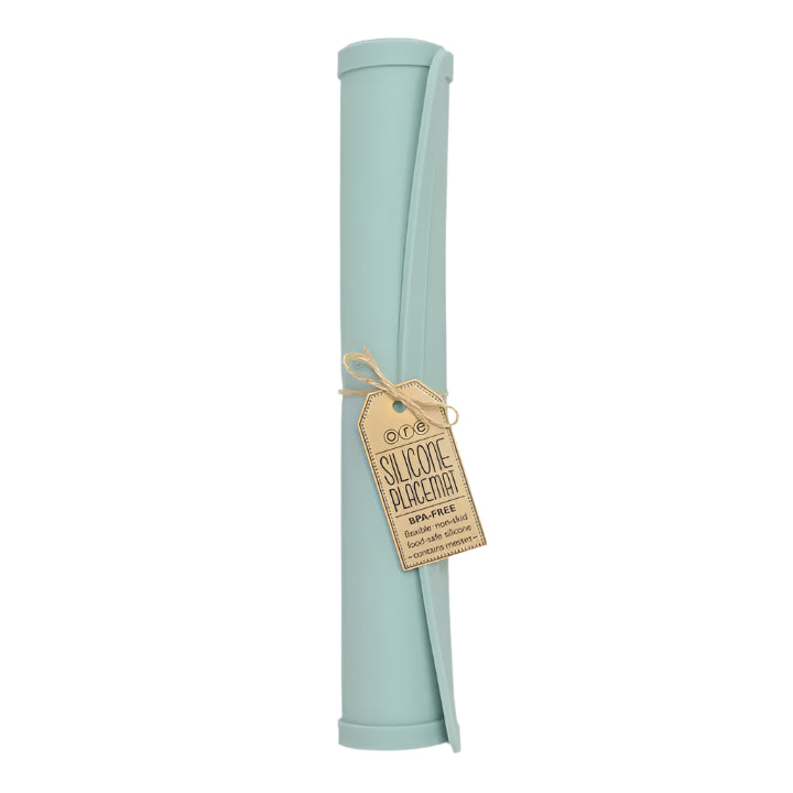 Roll of light blue silicone placemat with a tag on a white background