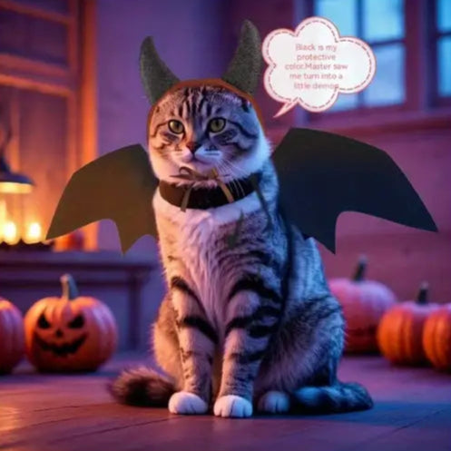 Cat wearing bat wings with Halloween-themed decorations in the background