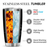 Stainless steel tumbler with thermal insulation features on a white background