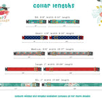 Collar length chart with colorful dog collars and measurements on a decorative background.