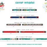 Collar length chart with colorful dog collars and measurements on a decorative background.