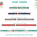 Collar length chart with various collar designs and measurements on a decorative background.