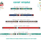 Collar length chart with various collar designs and measurements on a decorative background.