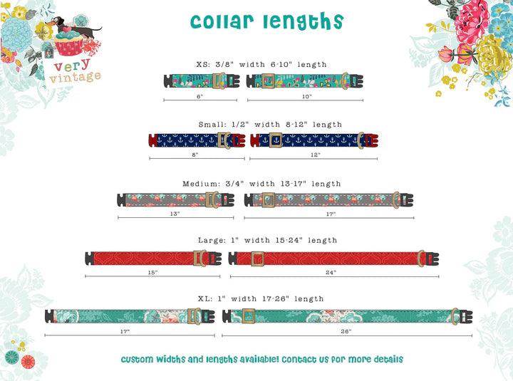 Collar length chart with various collar designs and measurements on a decorative background.
