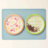 Two children's plates with colorful designs on a blue tray.
