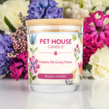 Pet House Candle labeled 'Wildflowers' with floral design on a white background